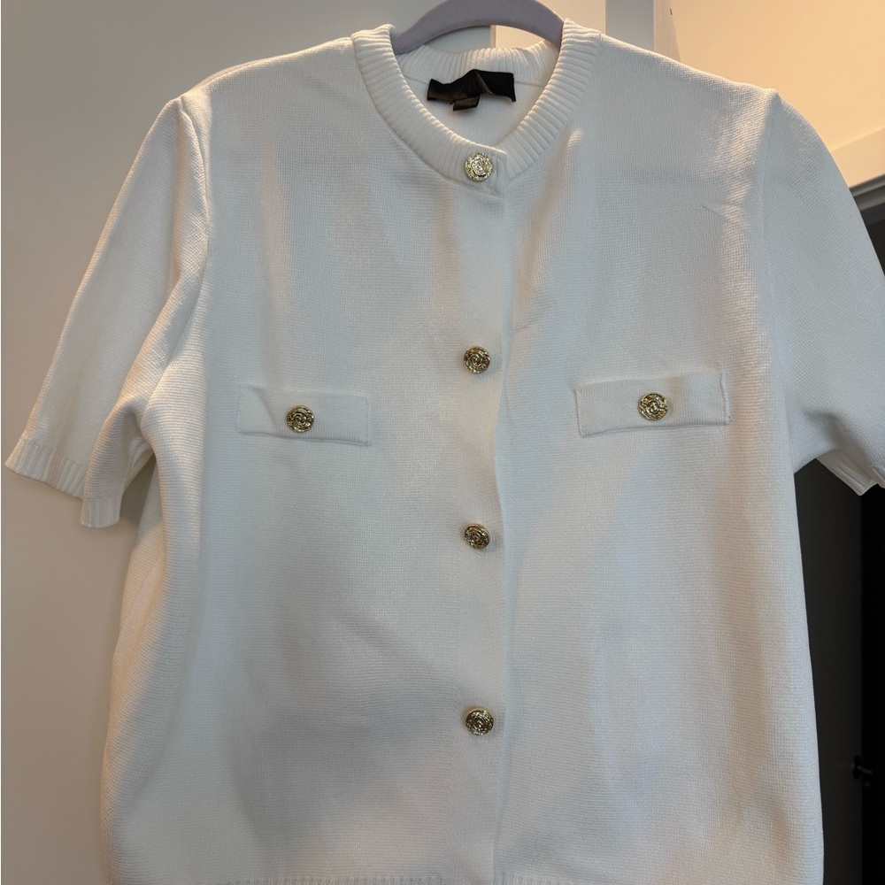 White Short Sleeve Cardigan with Gold Buttons